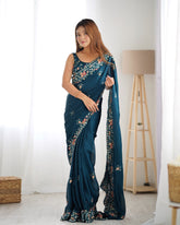 Nakshatra Teal Satin Silk Party Wear Saree