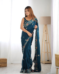 Nakshatra Teal Satin Silk Party Wear Saree