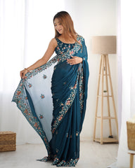 Nakshatra Teal Satin Silk Party Wear Saree