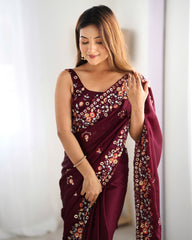Nakshatra Wine Satin Silk Party Wear Saree