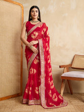 Nakshatra Bandhini Print Red Saree