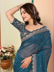 Nakshatra Teal Blue Organza Saree