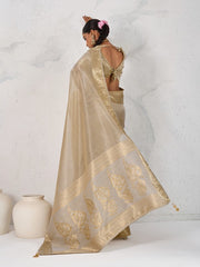 Nakshatra Beige Gold Tissue Linen Saree with Zardosi Handwork & Embellished Pallu