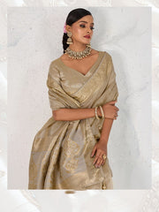 Nakshatra Beige Gold Tissue Linen Saree with Zardosi Handwork & Embellished Pallu