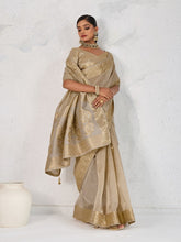 Nakshatra Beige Gold Tissue Linen Saree with Zardosi Handwork & Embellished Pallu