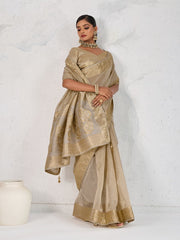 Nakshatra Beige Gold Tissue Linen Saree with Zardosi Handwork & Embellished Pallu