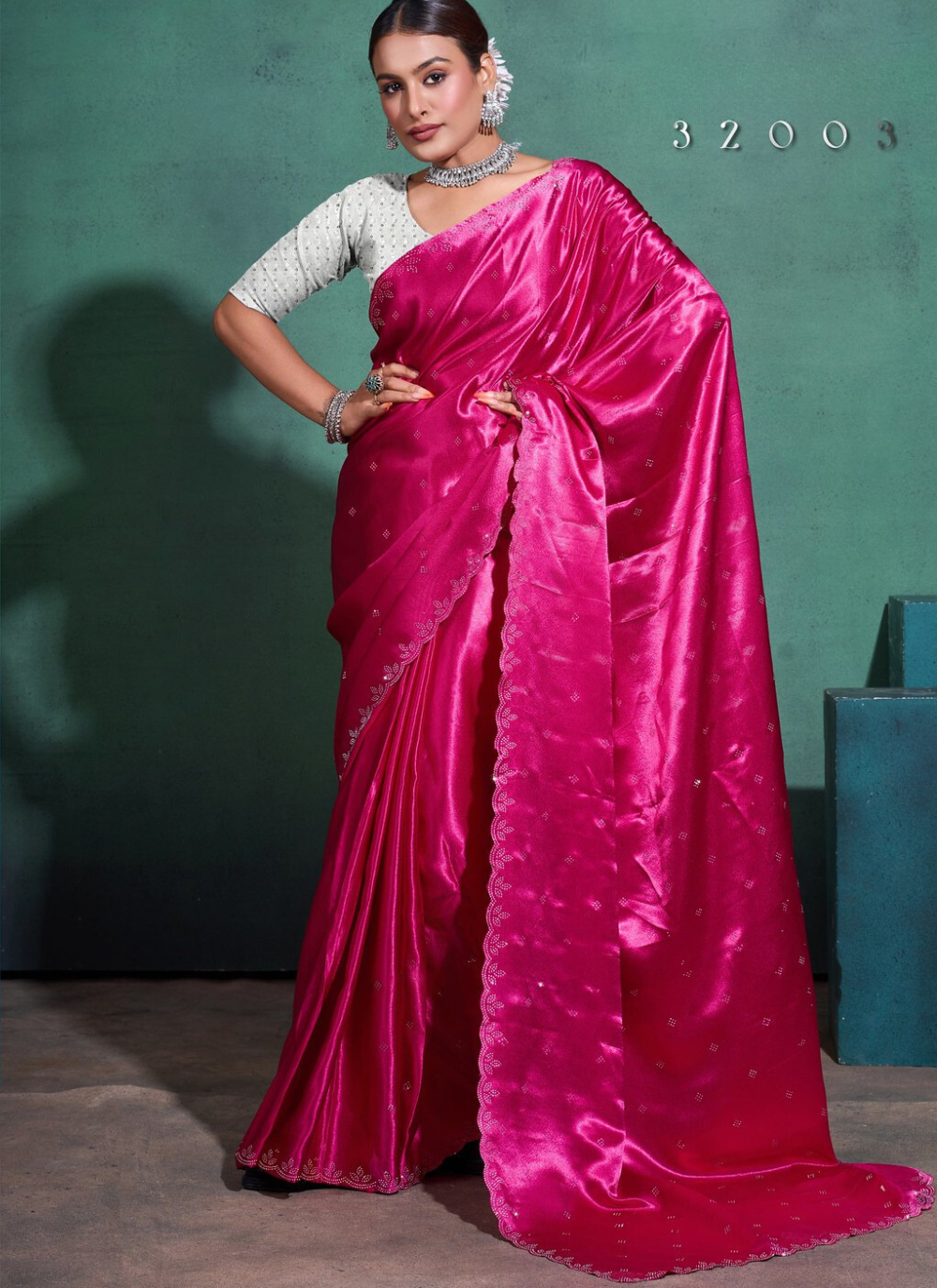Nakshatra  Diamond studded Hot Pink saree.