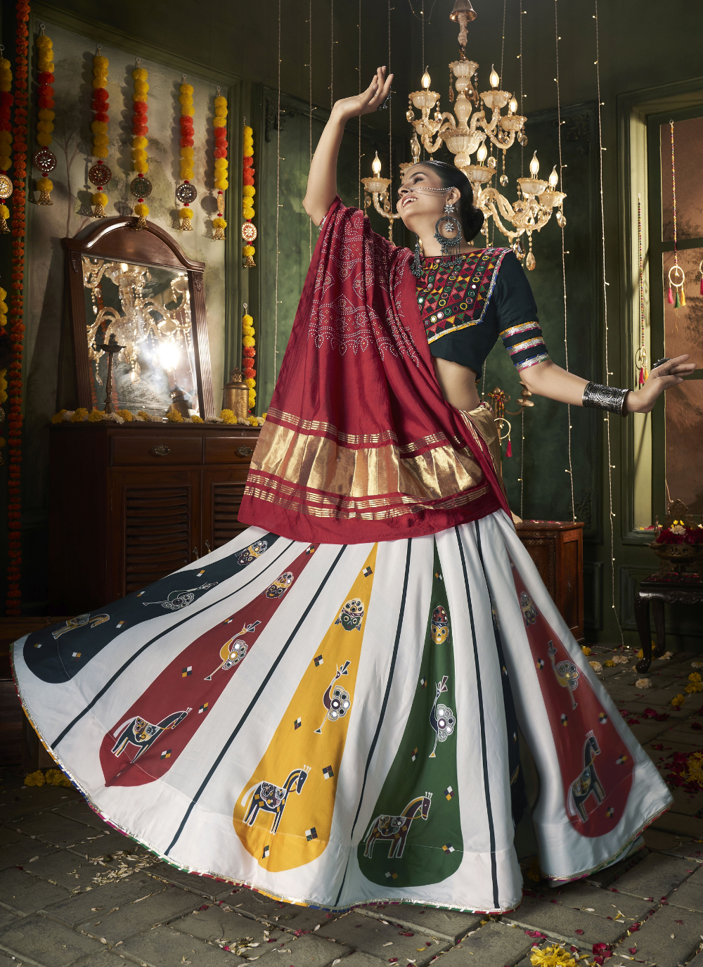 Nakshatra  White Multicolored Navratri Lehenga Choli