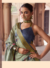 Nakshatra Digital Print Party Wear Sage Green Folk Print Saree with Antique Gold Border
