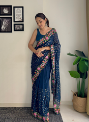 Nakshatra Teal Embroidered Sequence Saree