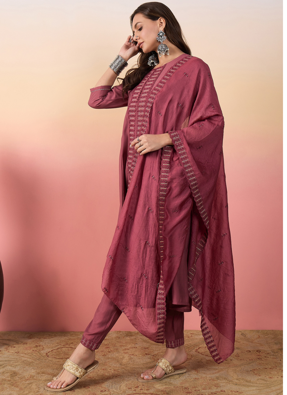 Nakshatra Rose Pink Colored Silk Embroided suit