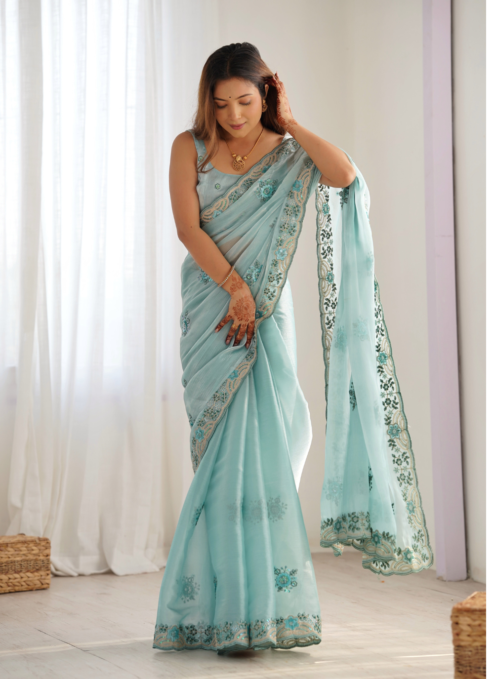 Nakshatra Sky Blue Burburry Silk Saree