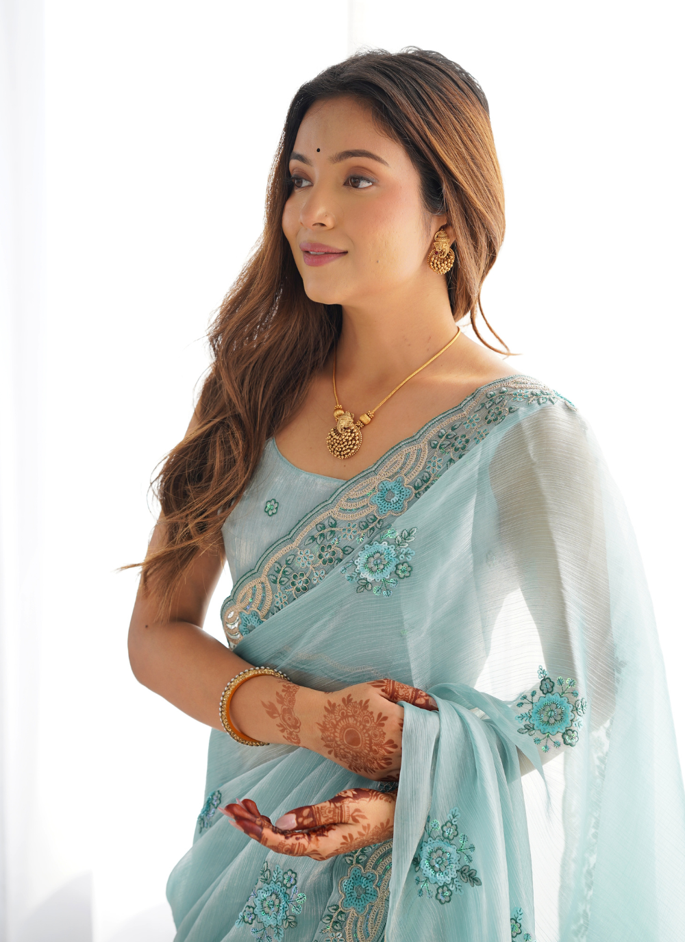 Nakshatra Sky Blue Burburry Silk Saree