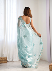 Nakshatra Sky Blue Burburry Silk Saree