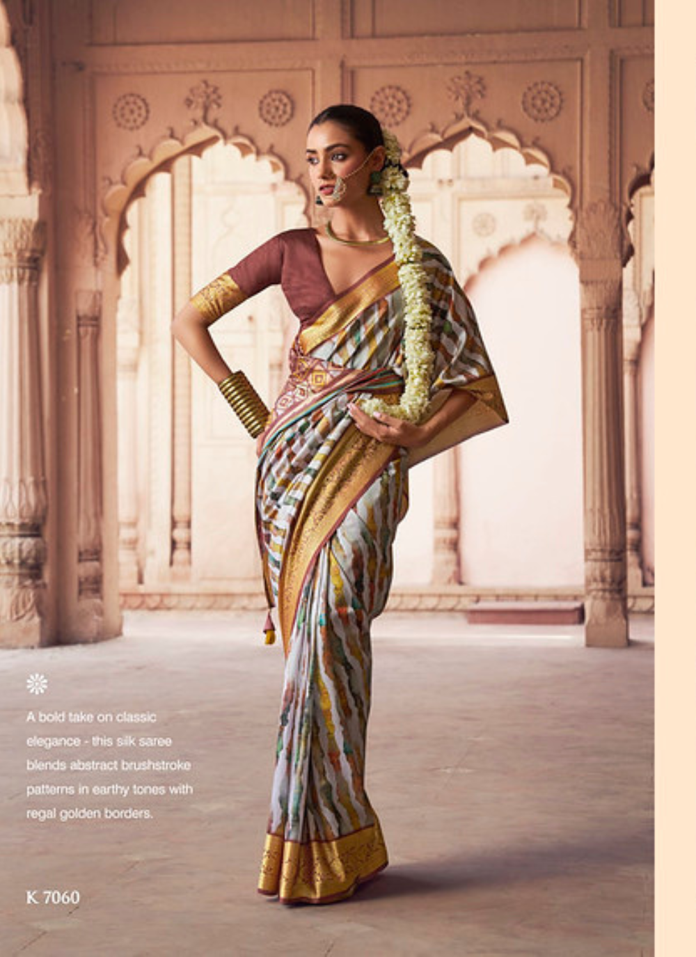 Nakshatra Digital Print Party Wear White Brown Brushstroke Saree with Golden Border