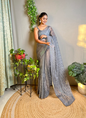 Nakshatra Grey Embellished Sequence saree