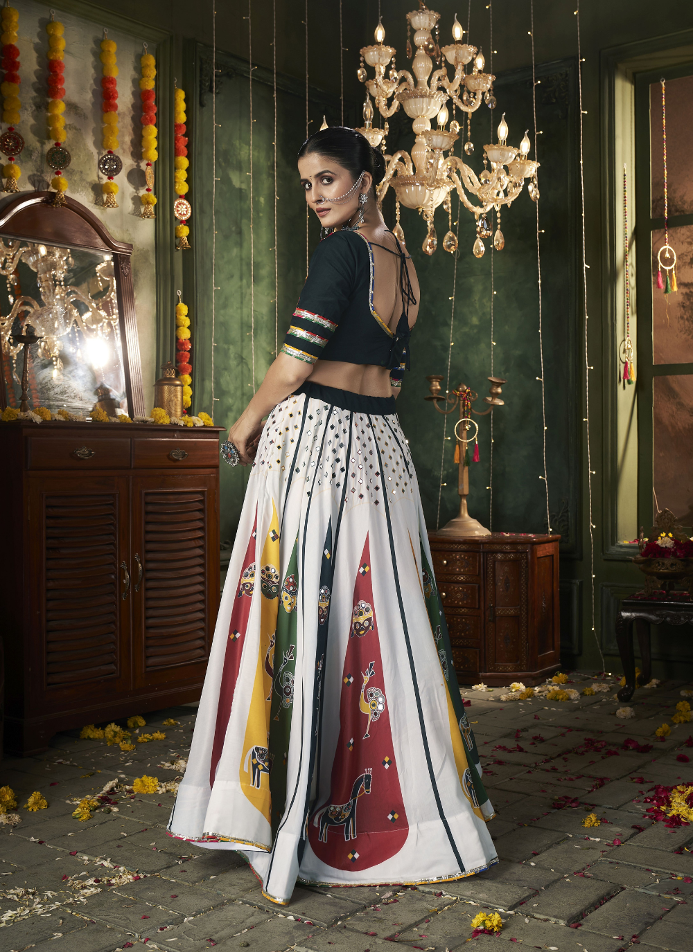 Nakshatra  White Multicolored Navratri Lehenga Choli