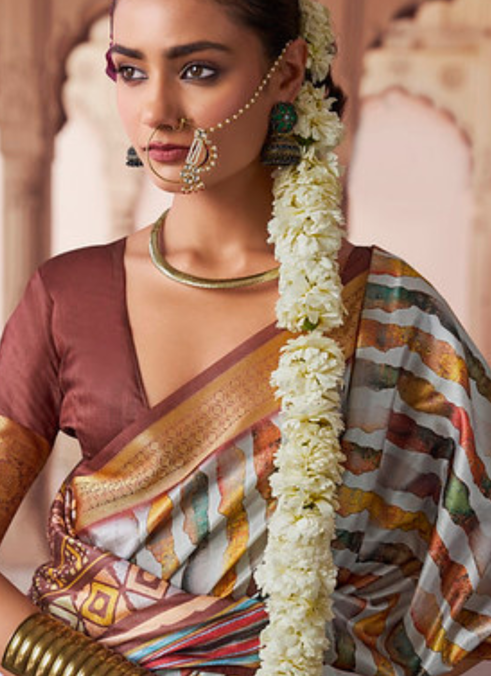 Nakshatra Digital Print Party Wear White Brown Brushstroke Saree with Golden Border