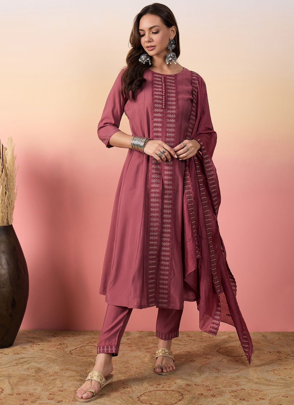 Nakshatra Rose Pink Colored Silk Embroided suit