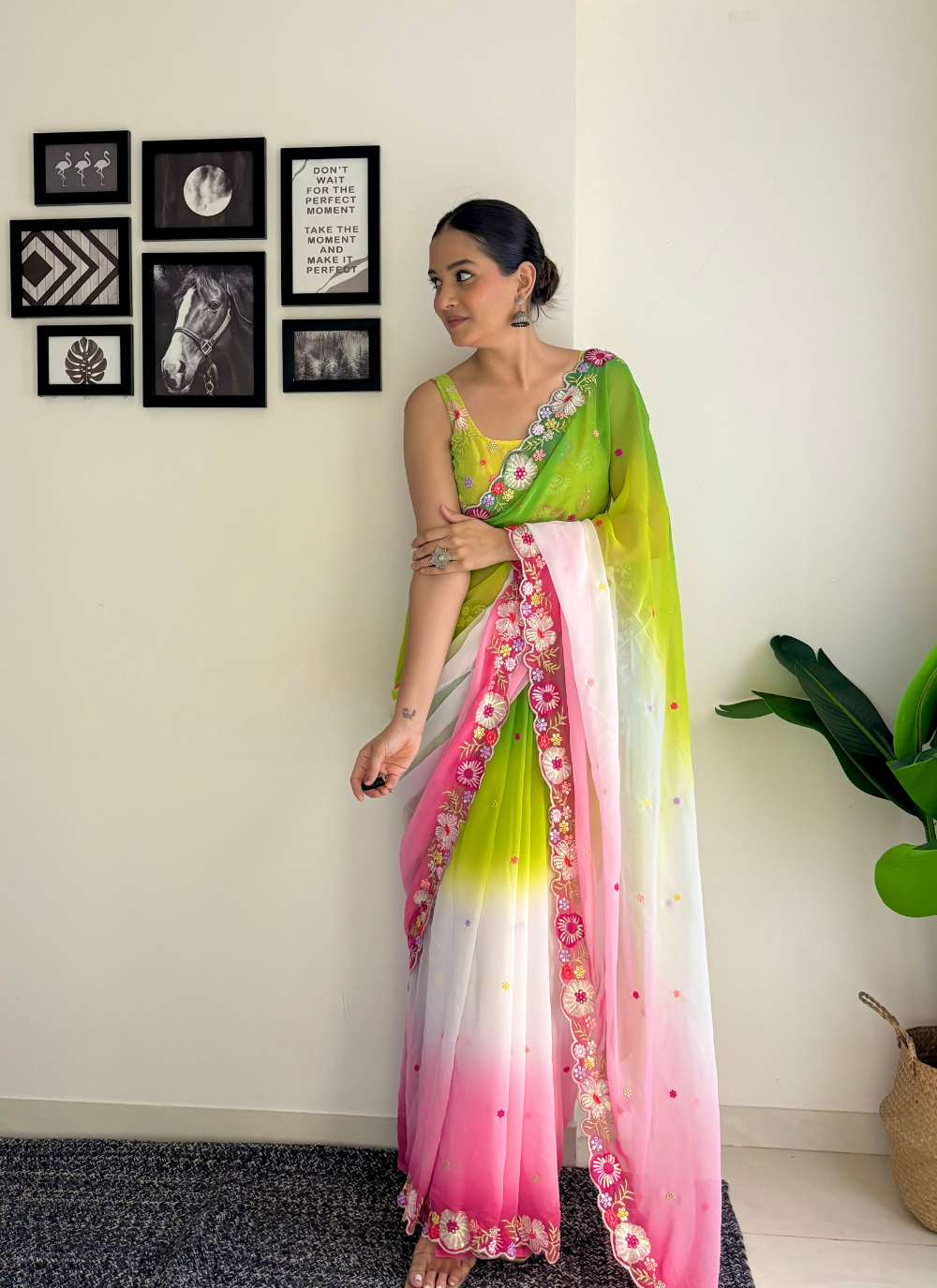 Nakshatra Ombre Green Pink  Embroided Saree