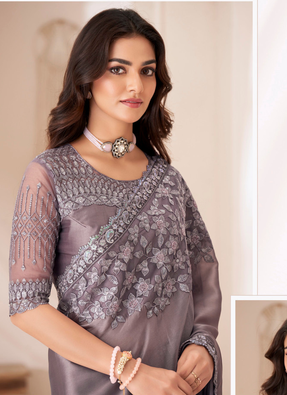 Nakshatra Grey Chiffon Saree