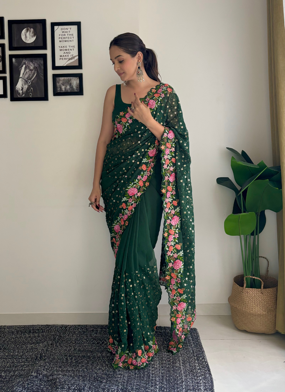 Nakshatra Green Embroidered Sequence Saree