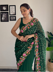 Nakshatra Green Embroidered Sequence Saree