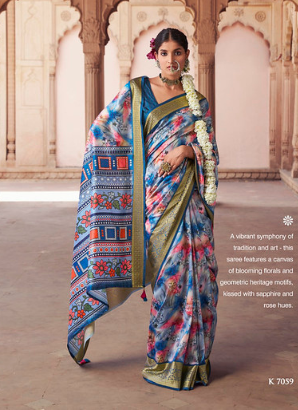 Nakshatra Digital Print Party Wear Blue Multicolour Floral Saree with Gold Border