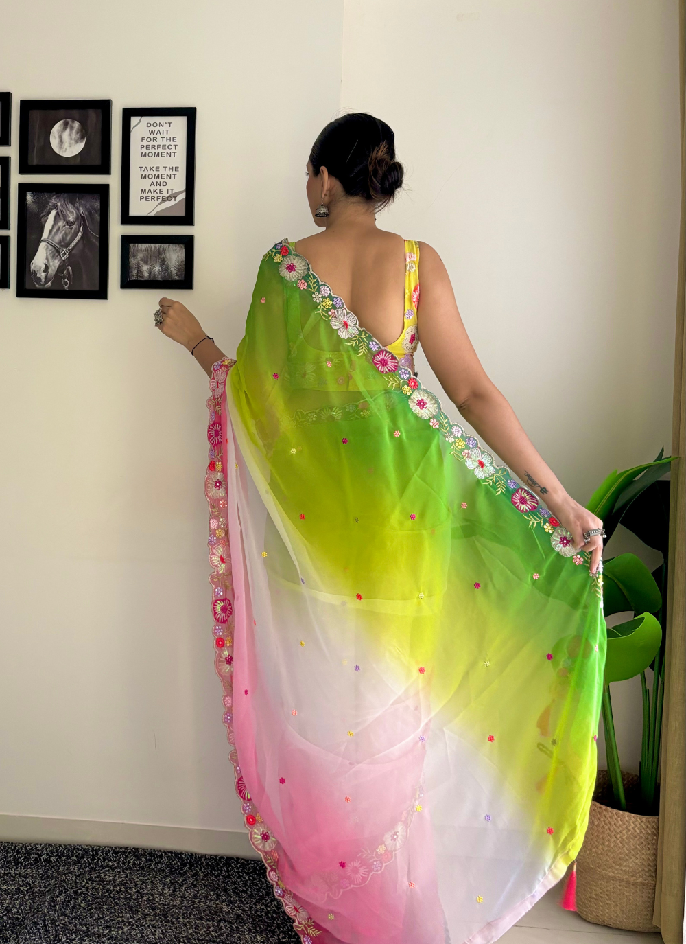 Nakshatra Ombre Green Pink  Embroided Saree