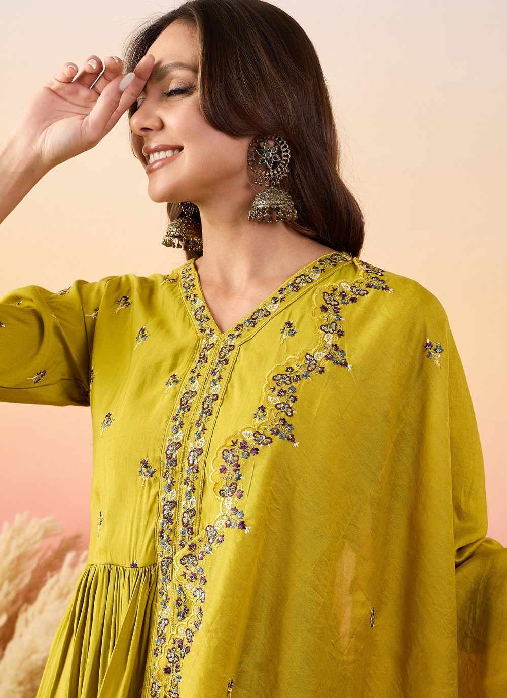 Nakshatra Lime Green Colored Silk Embroided suit