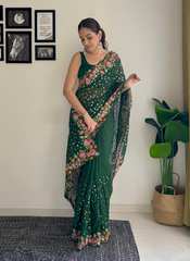 Nakshatra Green Embroidered Sequence Saree