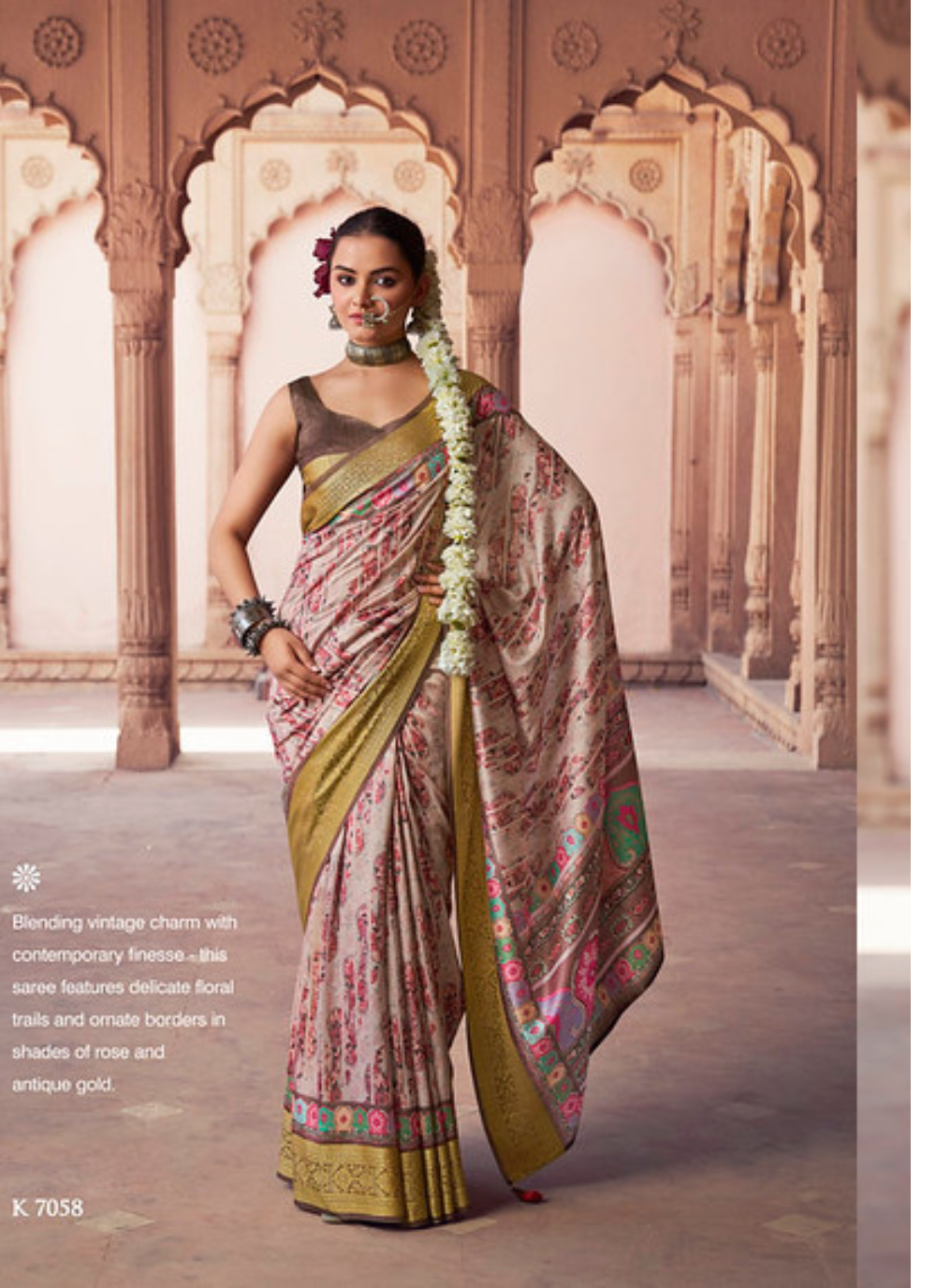 Nakshatra Digital Print Party Wear Beige Pink Floral Saree with Antique Gold Border