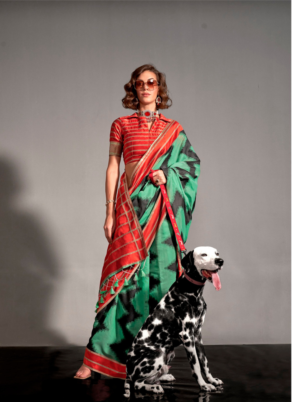 Nakshatra  Rama Green  Geometric Zigzag saree