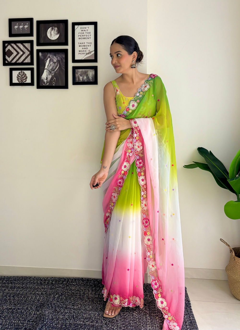 Nakshatra Ombre Green Pink  Embroided Saree