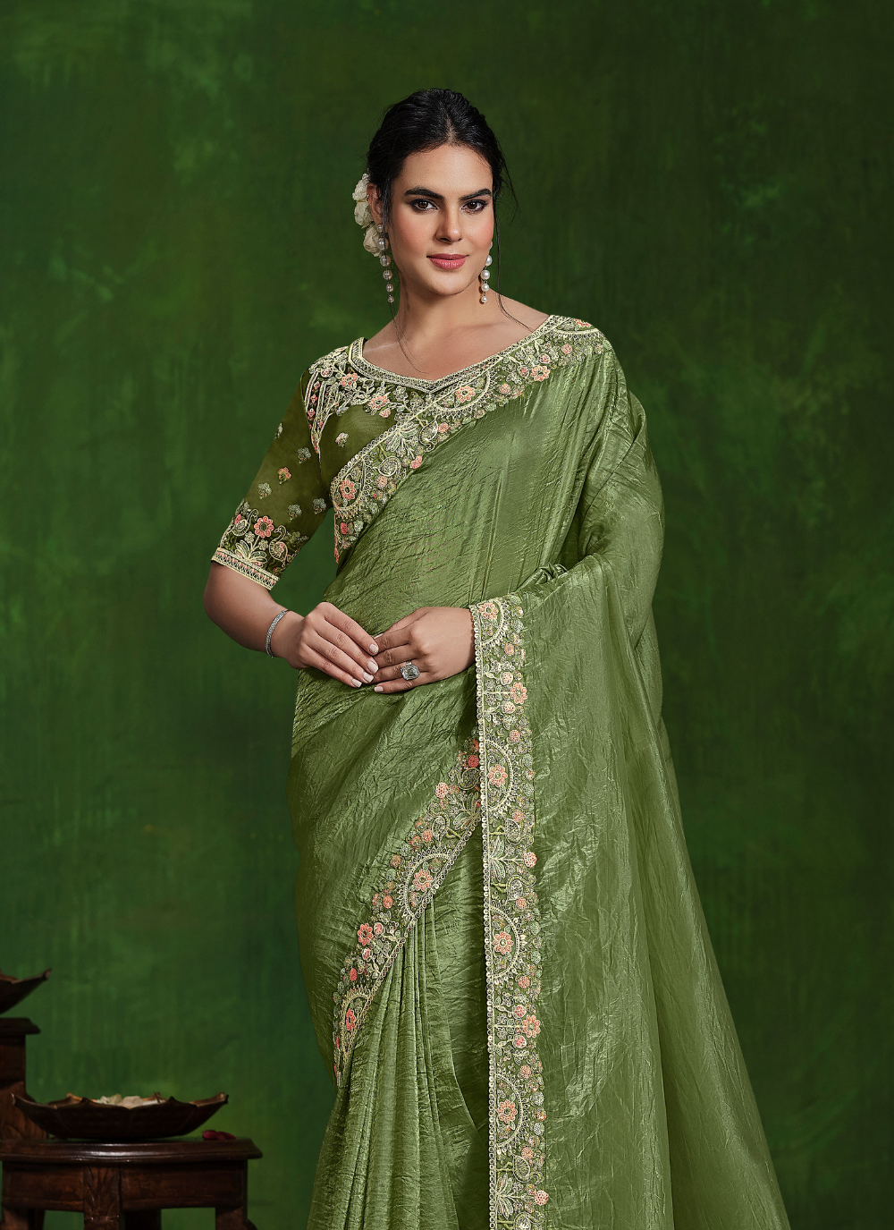 Nakshatra Heavy Embroided Green Saree