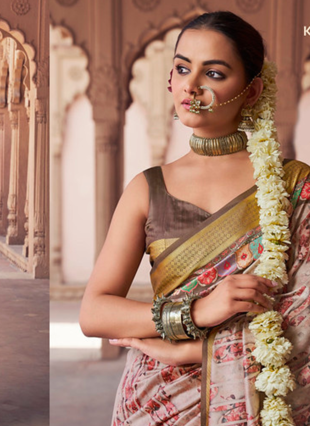 Nakshatra Digital Print Party Wear Beige Pink Floral Saree with Antique Gold Border