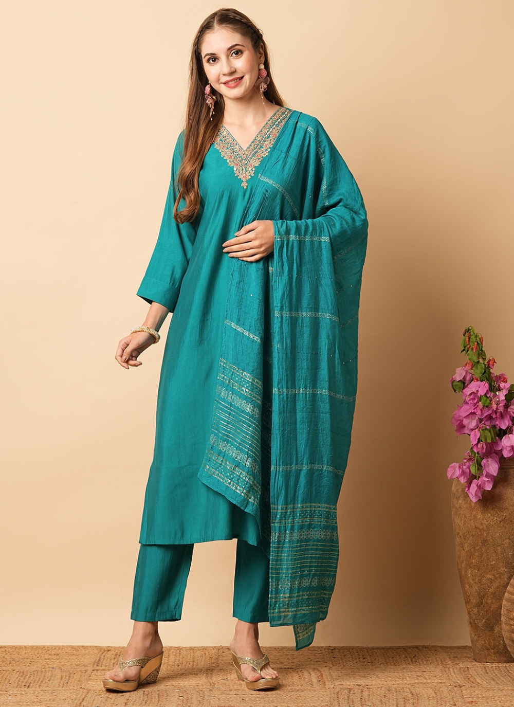 Nakshatra Readymade Teal Blue Chanderi suit