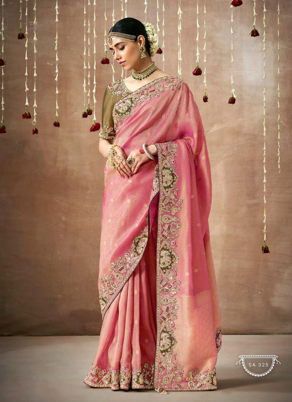 Nakshatra Pastel Pink Tissue silk Bridal saree