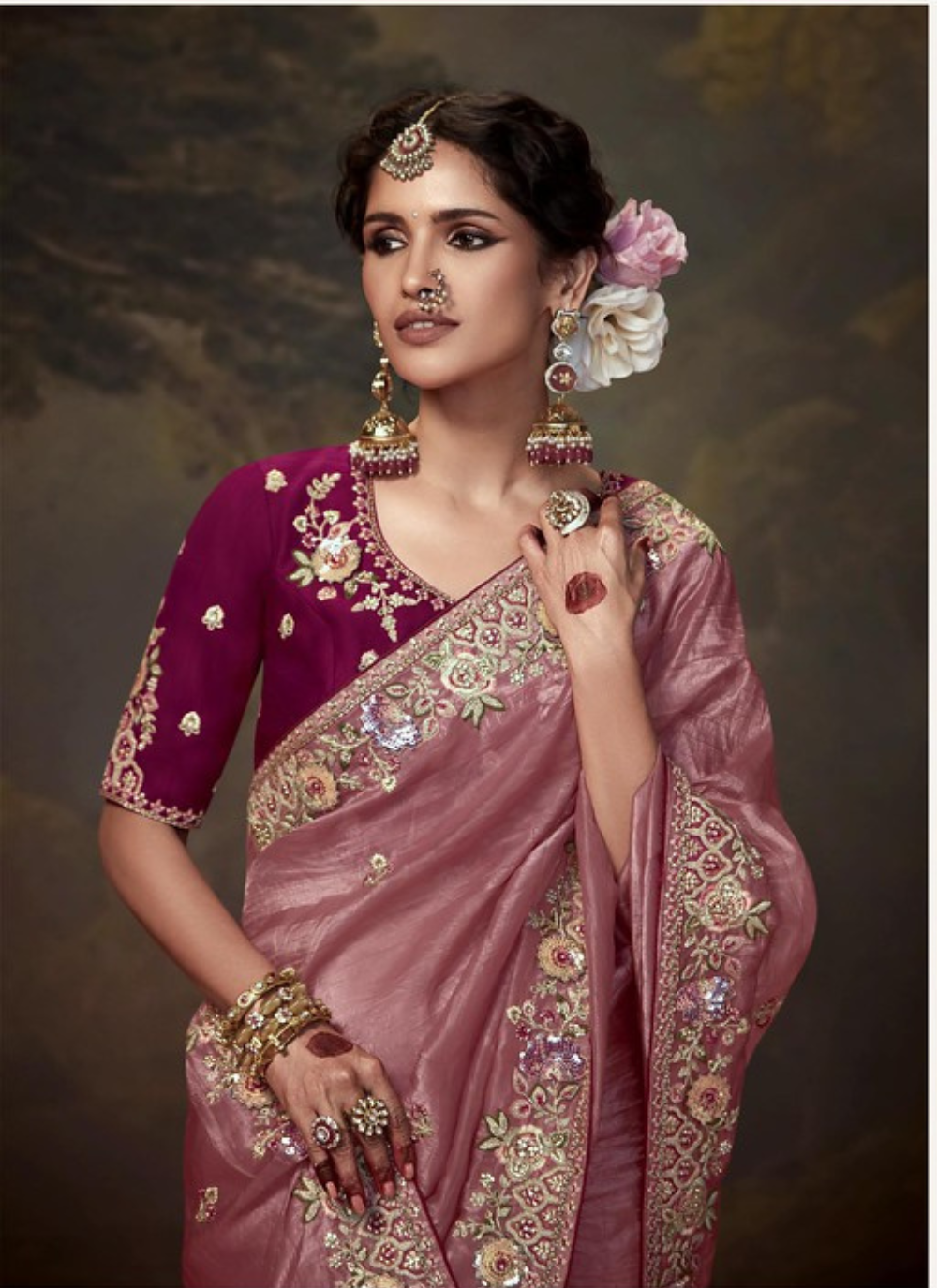 Nakshatra  Stunning Rose Pink Embroidery Saree