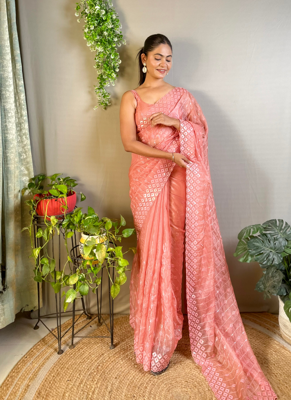 Nakshatra Peach  Embellished Sequence Saree