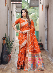 Nakshatra Orange Bandini Saree in Dola Silk