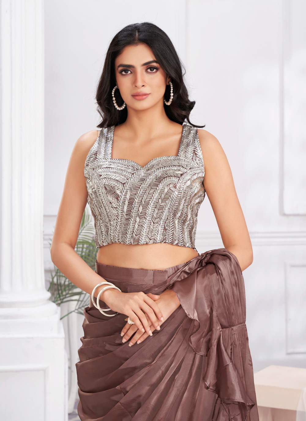 Nakshatra  Chocolate Brown Ready to wear Satin sari