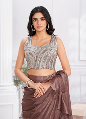 Nakshatra  Chocolate Brown Ready to wear Satin sari