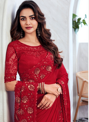 Nakshatra Radiant  Red Chiffon saree