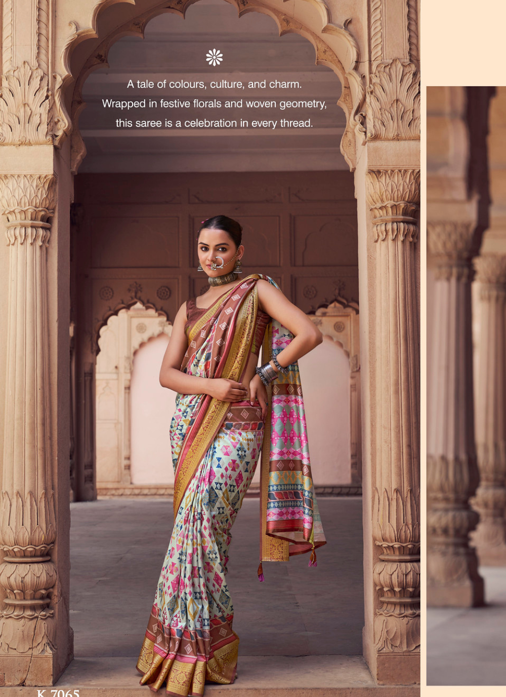 Nakshatra Digital Print Party Wear White Multicolour Saree with Gold Border