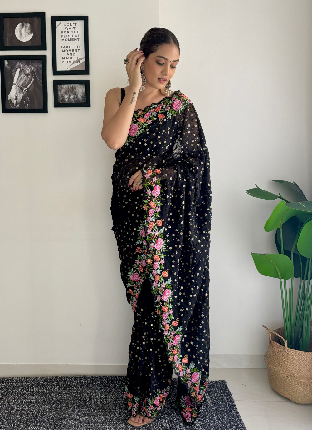 Nakshatra Black Embroidered Sequence Saree