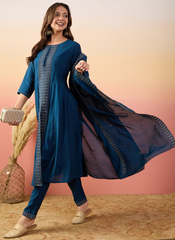 Nakshatra Teal Blue Silk Embroided suit