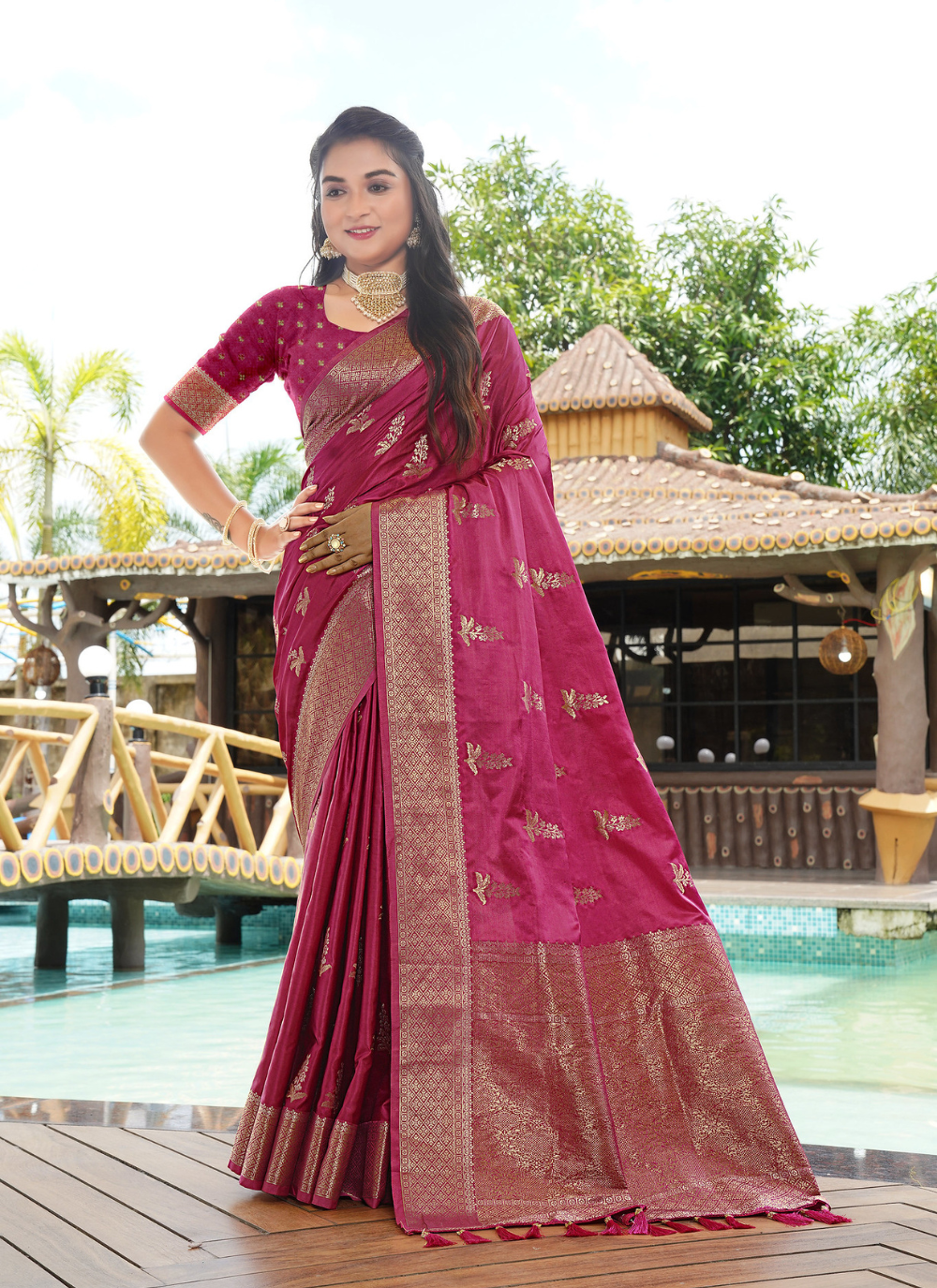 Nakshatra Rose Pink satin silk saree.