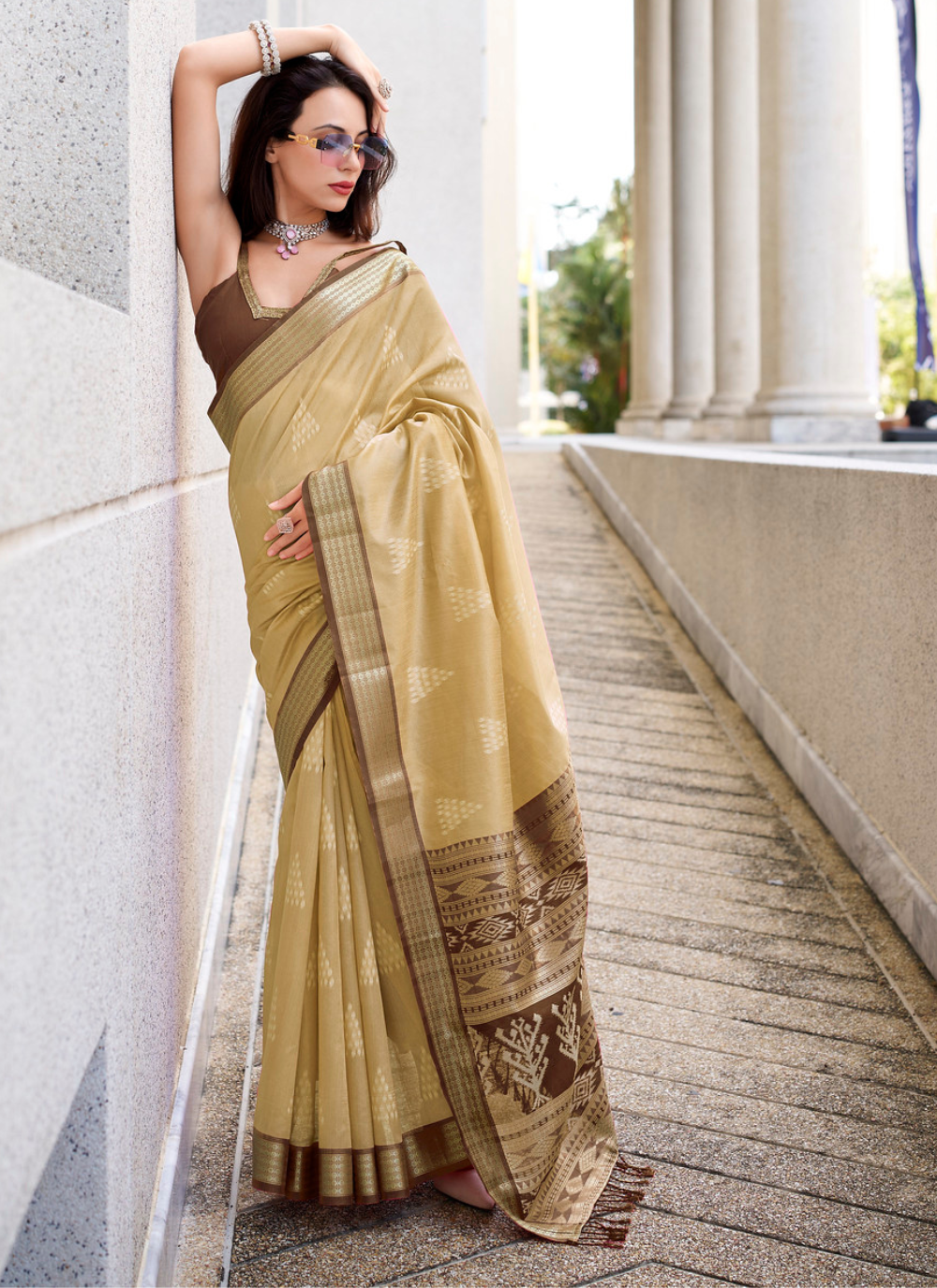 Nakshatra Beige Ikkat Weaving Saree