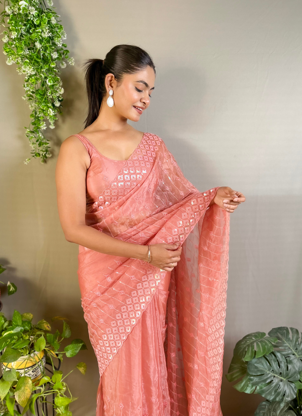 Nakshatra Peach  Embellished Sequence Saree